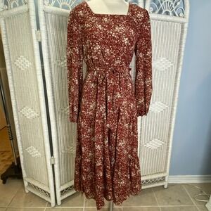Hayden Los Angeles Floral Long Sleeve Maxi‎ Dress Rust Brown Square Neck M